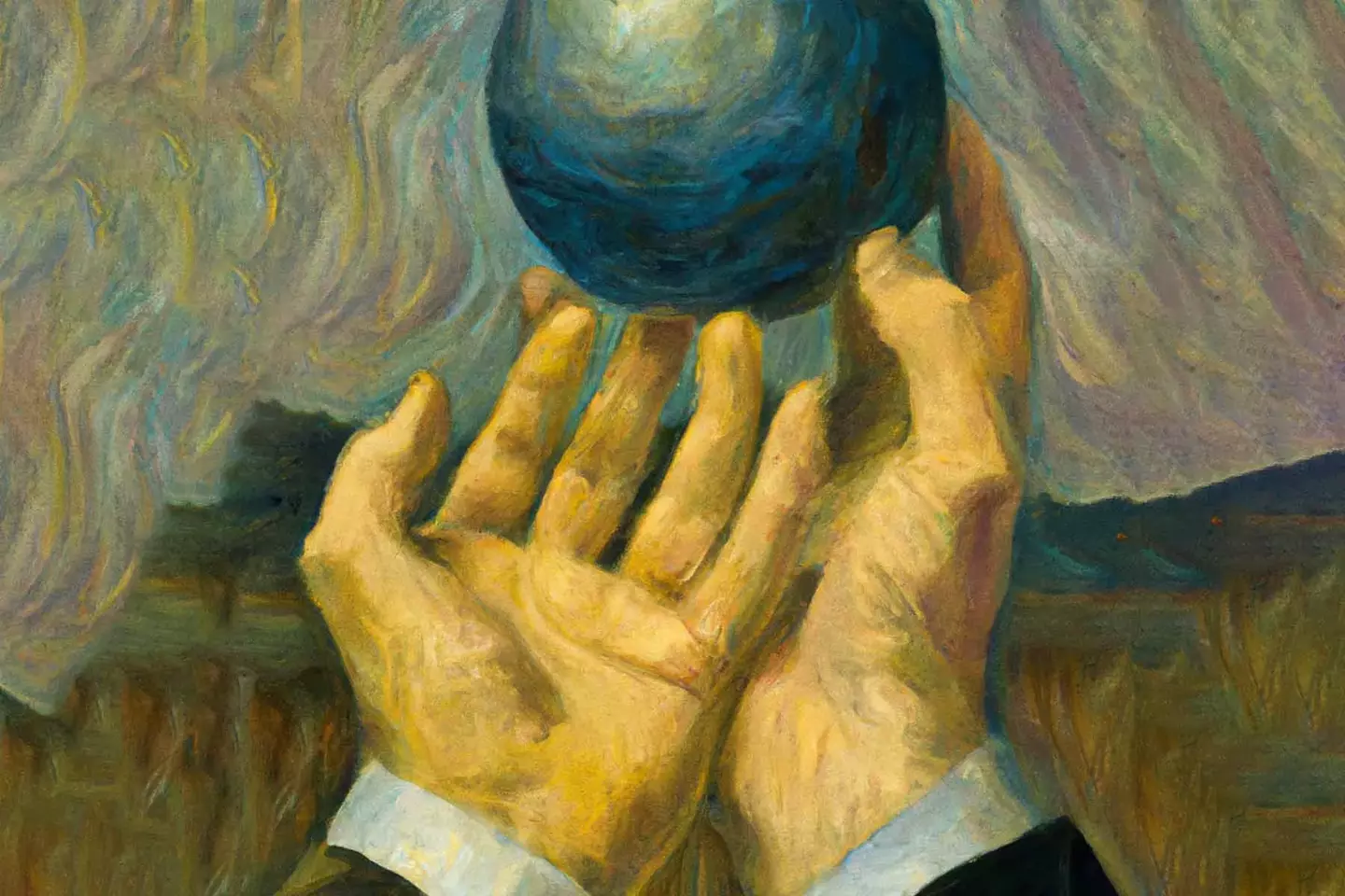 Vincent van Gogh style illustration of two hands holding a blue ball